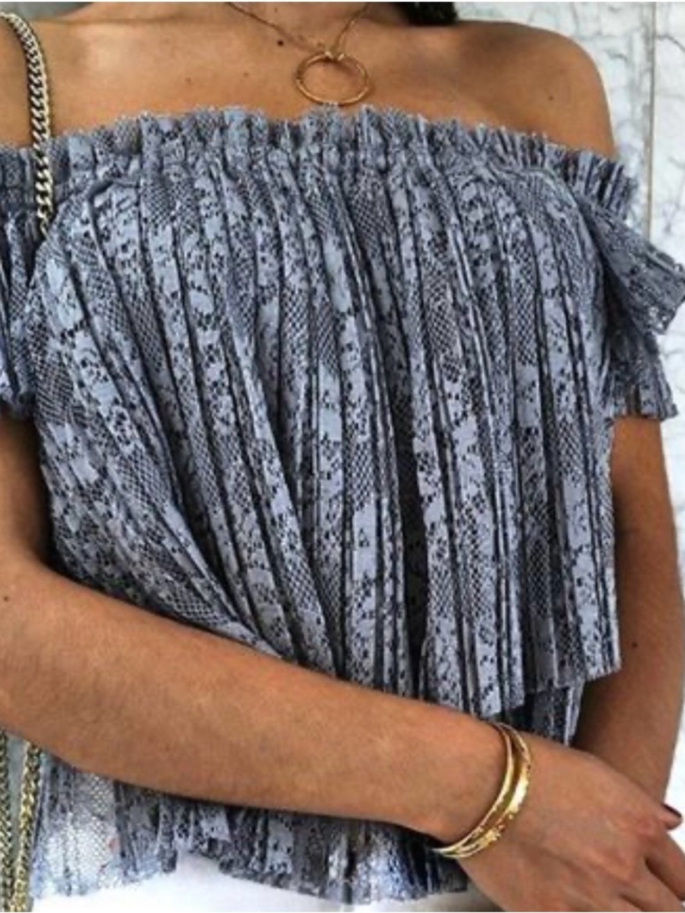Zara TRF Grey Pleated Lace Off Shoulder Tiered Crop Top Size S